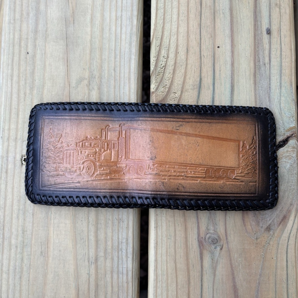 Vintage Hand Tooled Leather Wallet Bifold Semi Trucker Design Big Rig Whipstitch